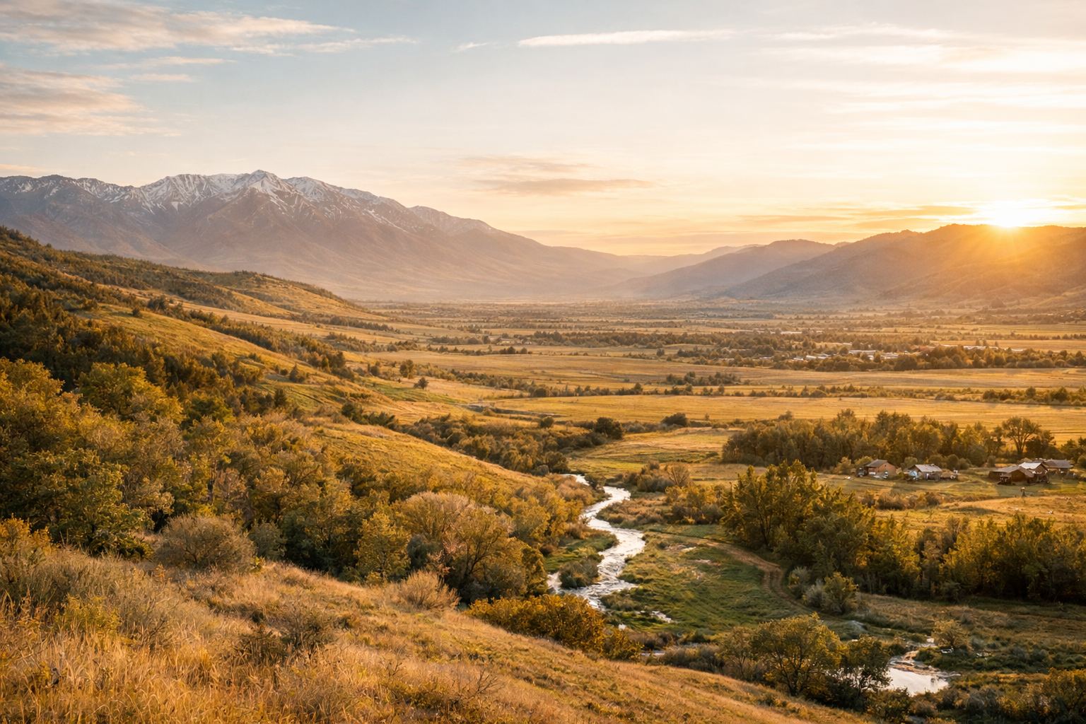 A scenic view of a valley at sunset with mountains in the background, a winding river in the foreground, and a few houses scattered across the landscape.