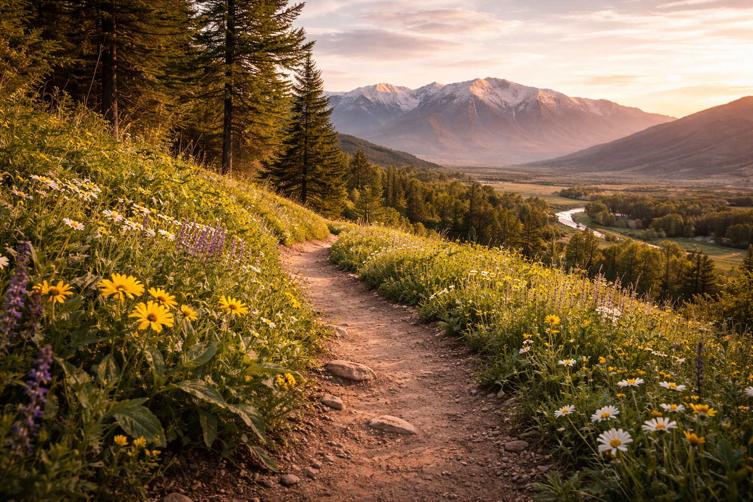 A dirt trail winding through a lush wildflower meadow with yellow daisies and purple flowers on a hillside. Tall pine trees line the trail on the left, leading towards distant snow-capped mountains under a pink and orange sky at sunset or sunrise.