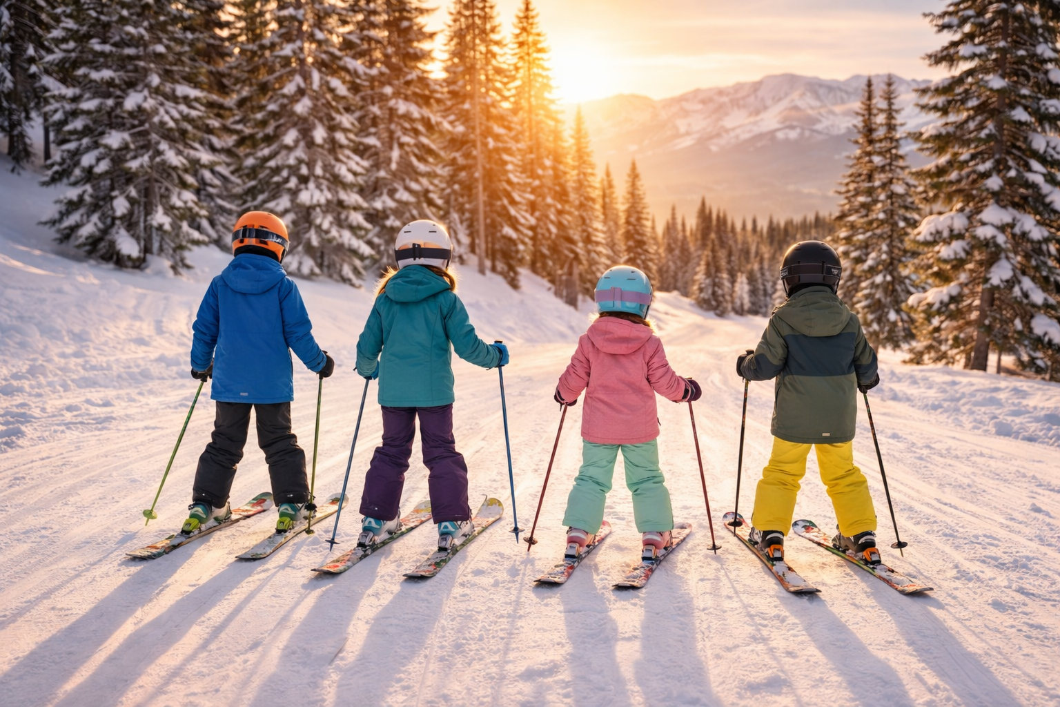Four children wearing colorful winter jackets and helmets on skis, standing in the snow on a winter mountain slope with snow-covered trees and the setting sun in the background.