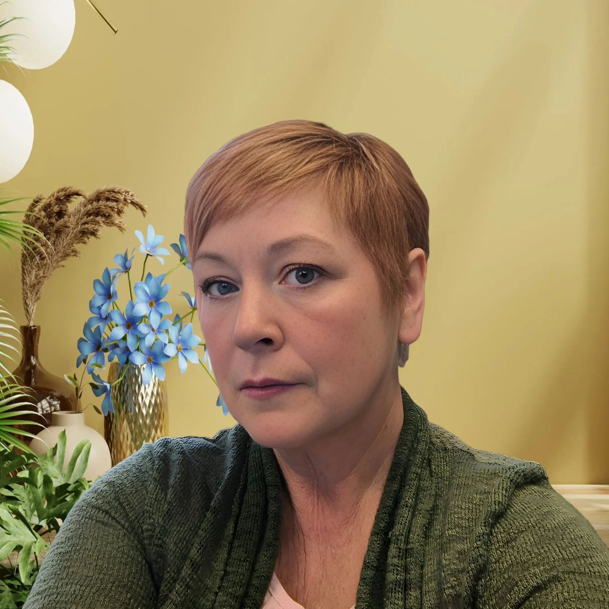 A woman with short reddish hair, wearing a dark green textured top, looking slightly to the side with a neutral expression in a room with light green walls, decorated with blue flowers in a gold vase, a white vase, and greenery.