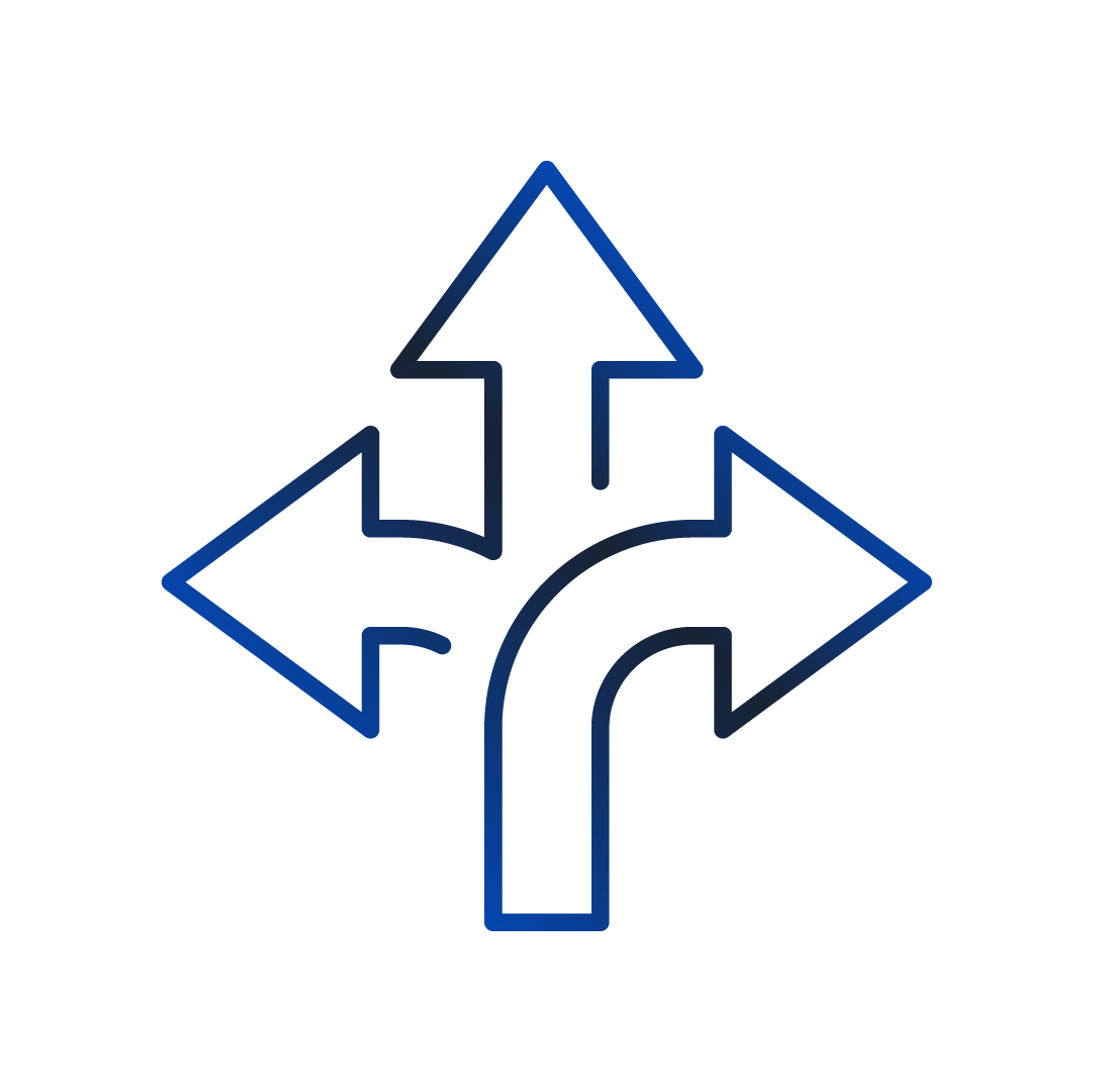 Blue 3D directional arrow pointing left with a curved tail