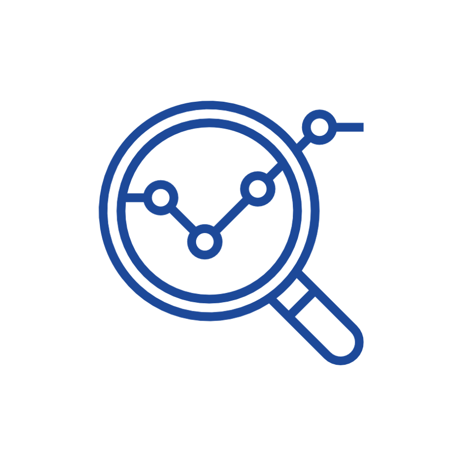 Magnifying glass with a line graph inside, representing data analysis or scrutiny.