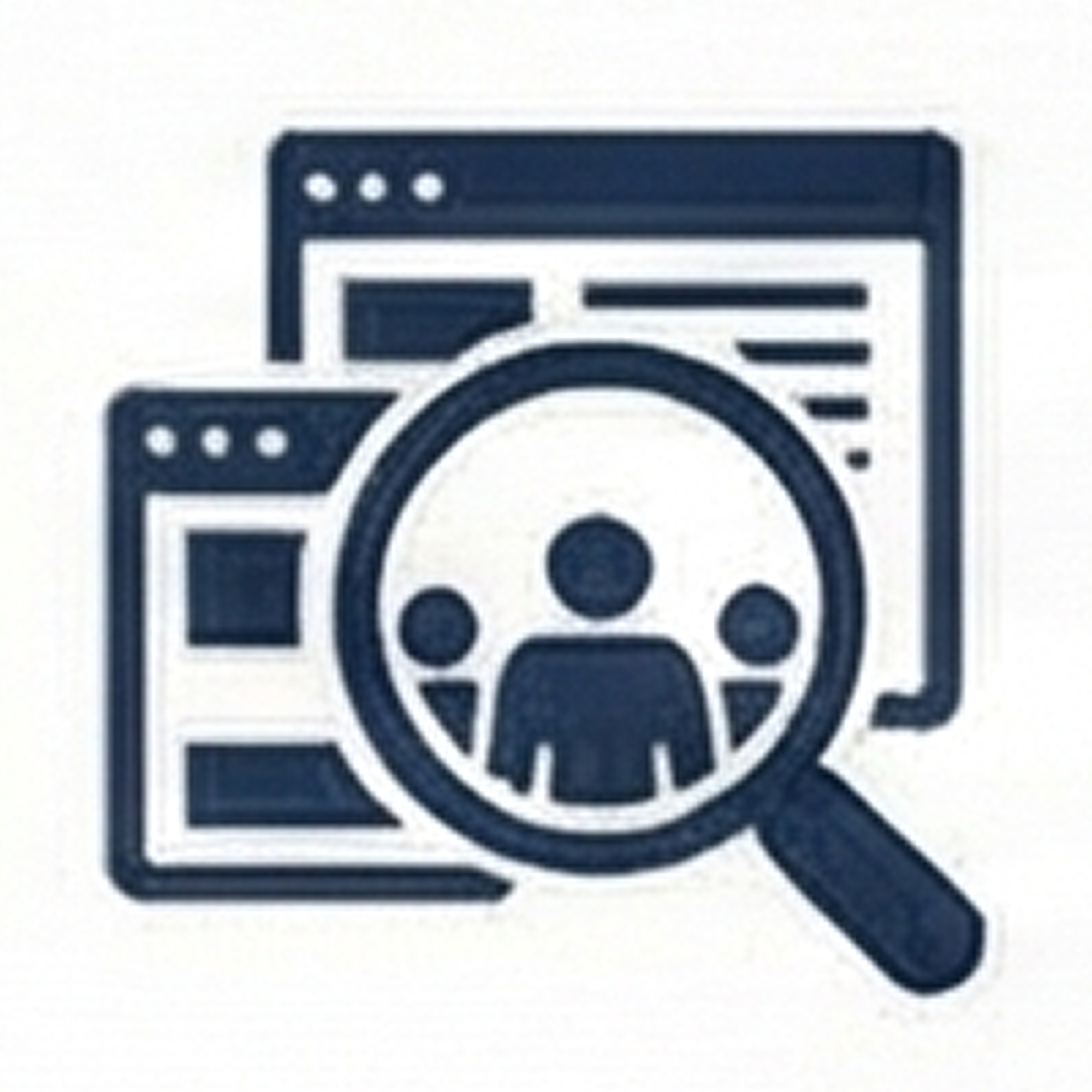 Illustration of multiple web browser windows with a magnifying glass focusing on a person icon, symbolizing online search or user analysis.
