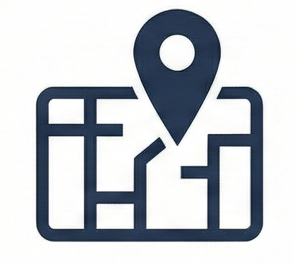 Icon of a map with a location pin on top.