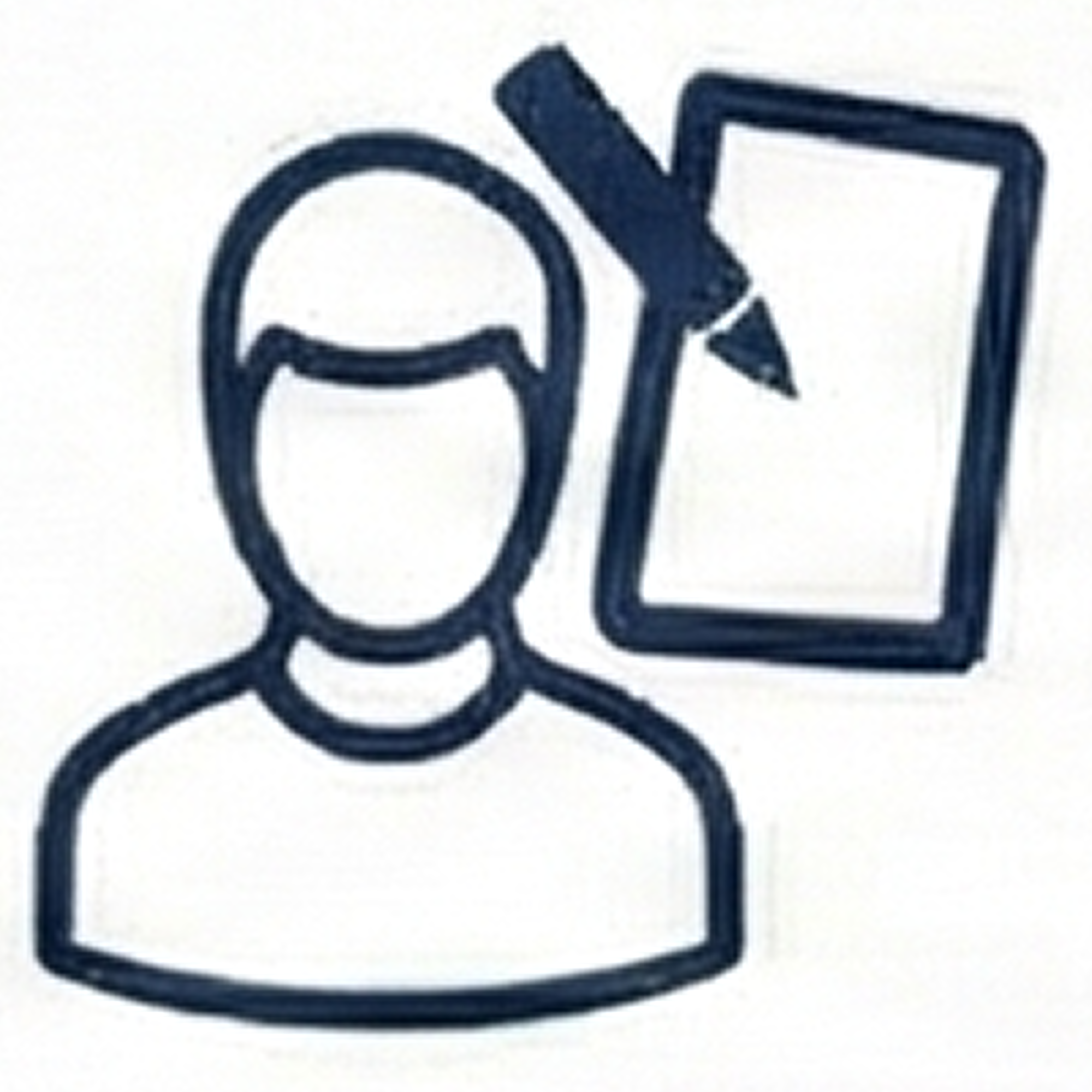 Outline illustration of a person wearing glasses, with a notebook and pen nearby.