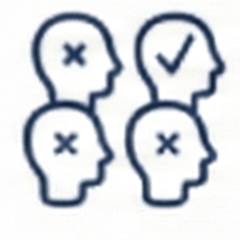 Four outlined human head profiles with X's and a check mark, indicating different states or options.