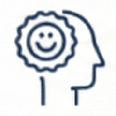 A simplistic illustration of a human head outline with a smiling face inside a sun-shaped shape representing a happy or positive mindset.