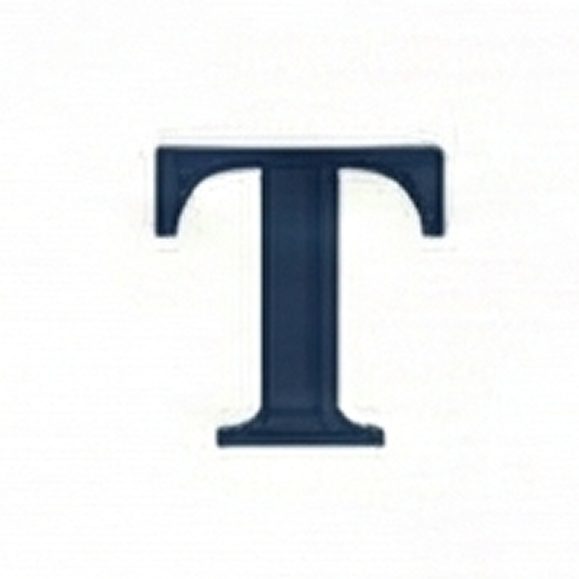 A dark blue letter T on a white background.