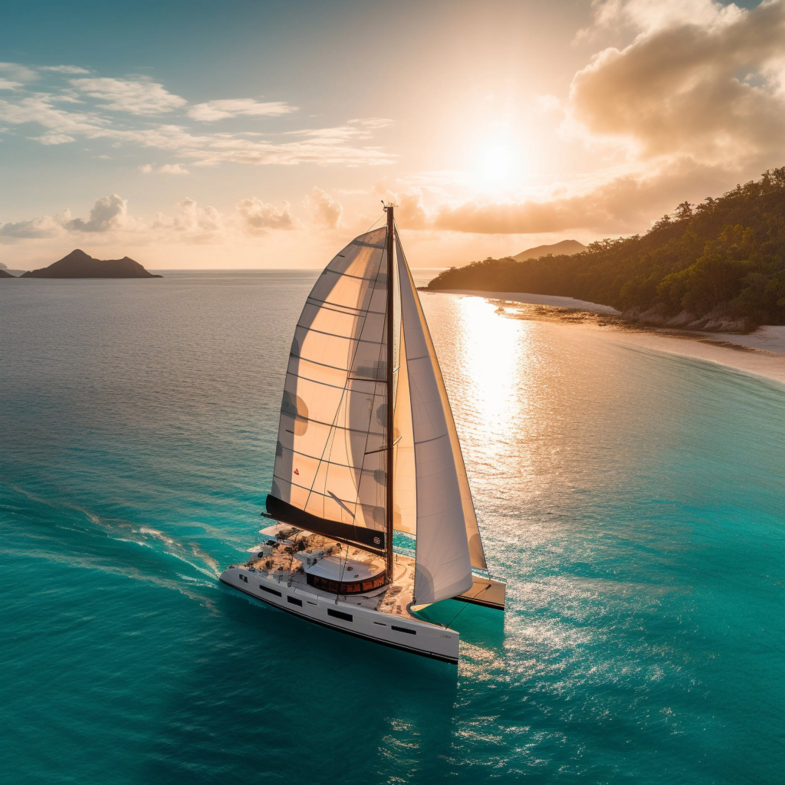 A sailing yacht with large white sails sailing near a coastline during sunset.
