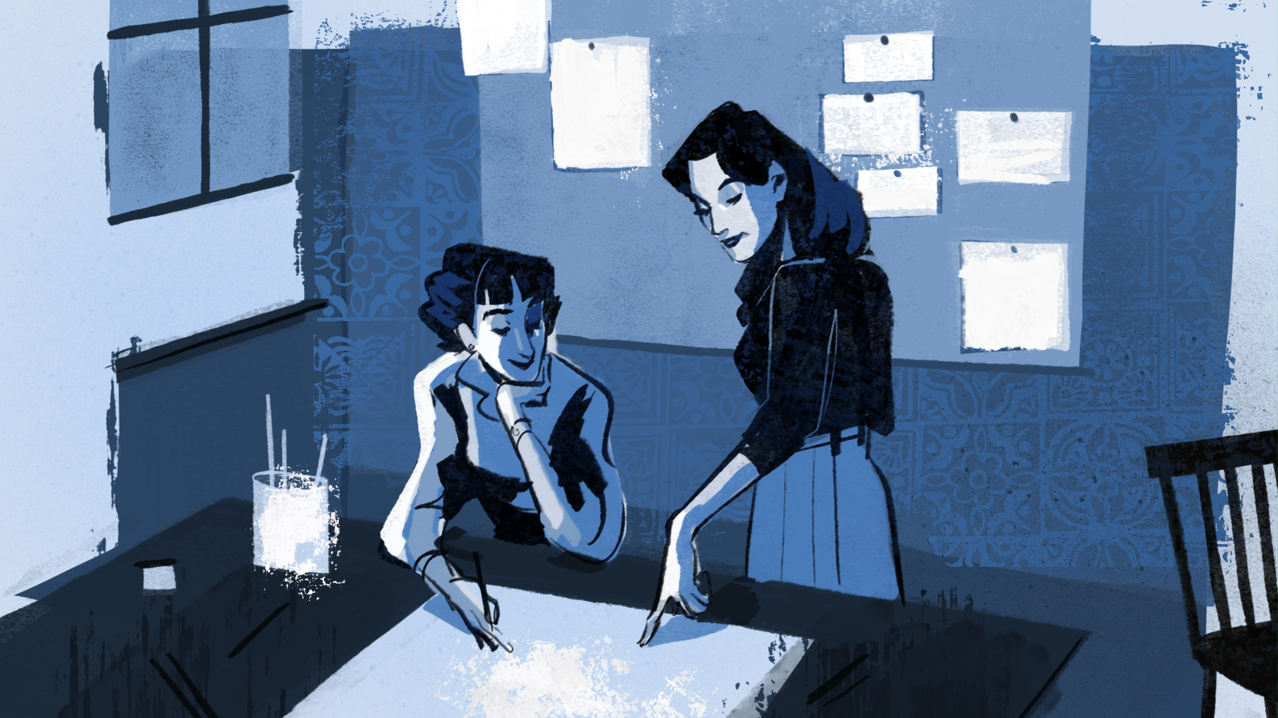 Drawing of two women in a room with patterned walls and a window. One woman is sitting at a table with a drink and pen, looking thoughtful, while the other woman is standing and pointing at a paper on the table, explaining or discussing something.