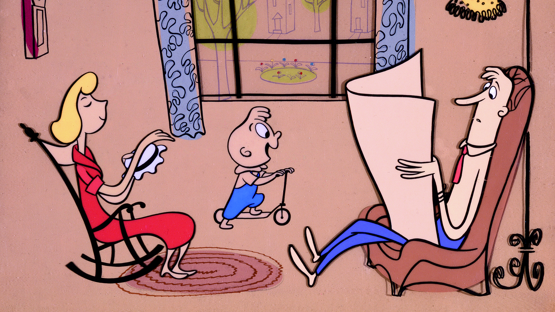 Animated scene from "Gerald McBoing-Boing" (1950), featuring a family relaxing at home, with a woman reading a book, a young boy on a scooter, and a man sitting in a chair reading a newspaper.