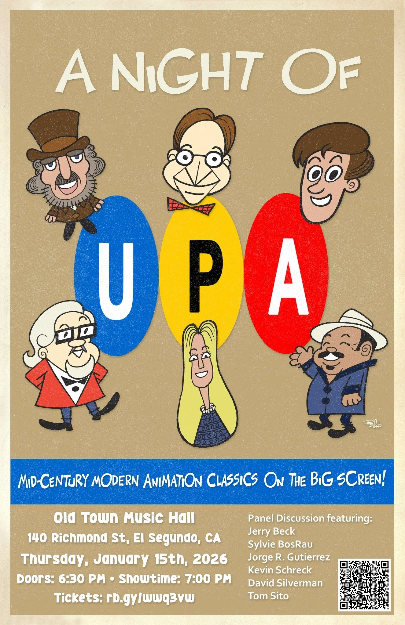 Poster for 'A Night of UPA', a mid-century modern animation classics event at Old Town Music Hall in El Segundo, CA on January 15th, 2026, featuring panel discussion with various speakers.