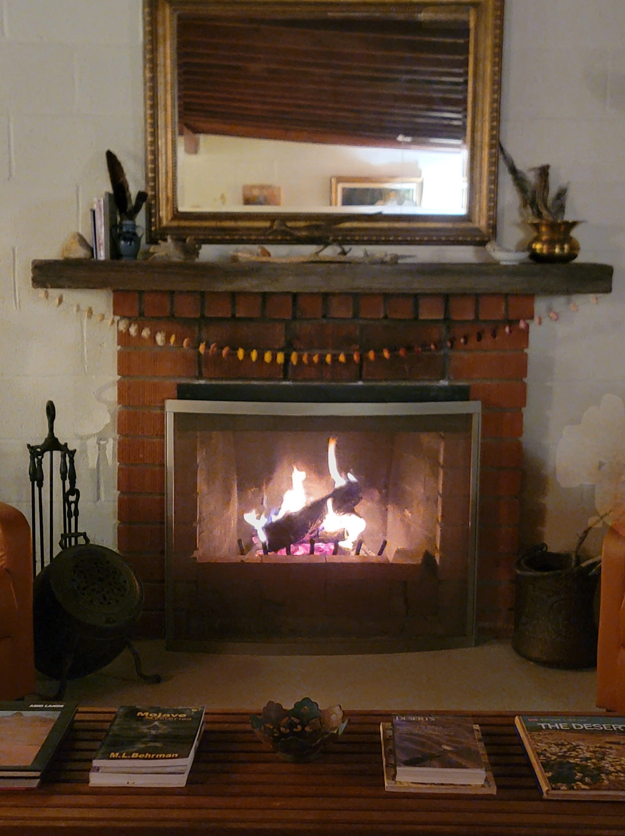 Interior fireplace at Kit Fox Cabin, a cozy high desert retreat near Joshua Tree