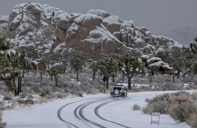 Snow-covered road and Joshua trees during winter near Joshua Tree National Park.