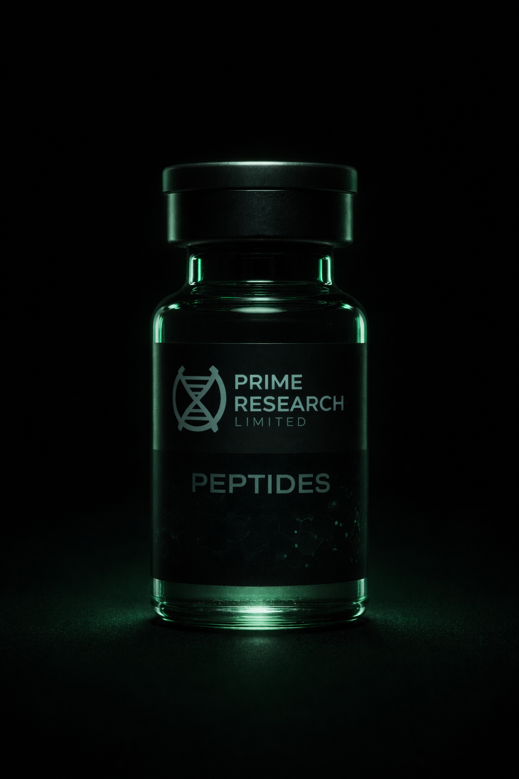 A glass bottle labeled 'Prime Research Limited' with a logo resembling a DNA strand, containing capsules or tablets labeled 'Peptides', illuminated with green lighting.