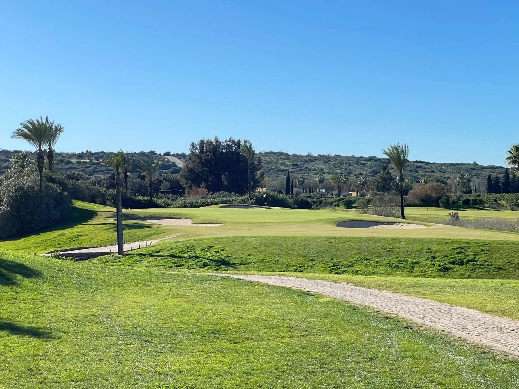 A golf course with green grass, sand bunkers, and palm trees, under a clear blue sky.