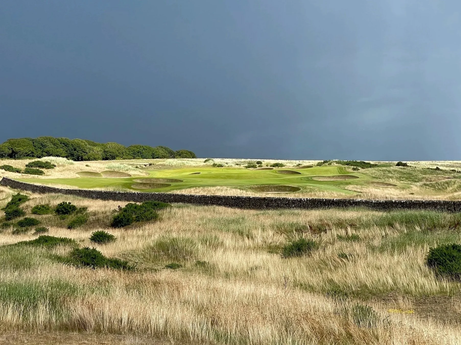 A golf course with multiple sand traps and a lush green putting green, surrounded by grassy fields and trees under a dark, stormy sky.