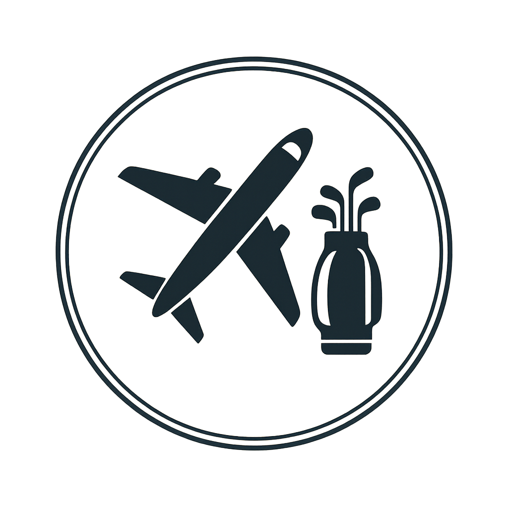 A circular emblem featuring an airplane, a golf club, and a golf bag with clubs.