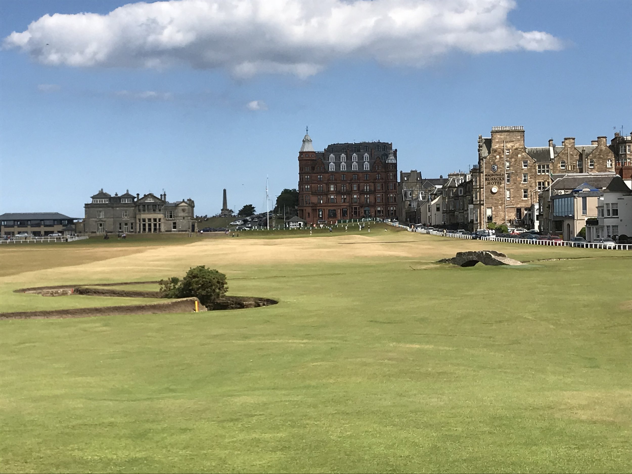A golf course with green grass, a small bunker, and a tree in the foreground, with buildings and a blue sky with some clouds in the background.
