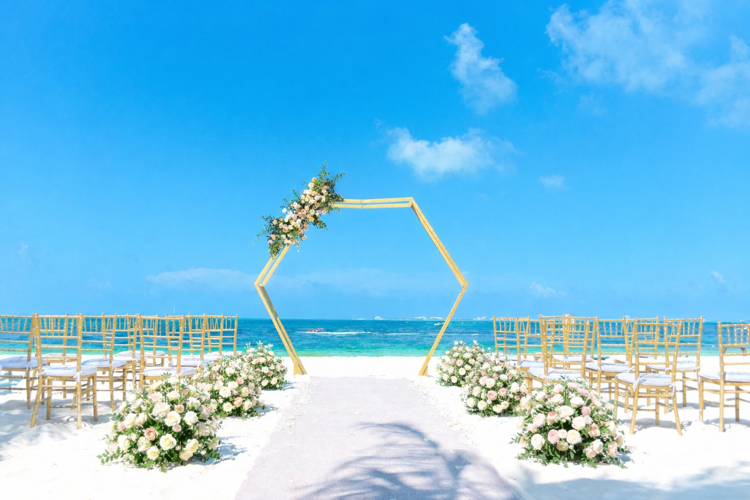 A beach wedding setup with a hexagonal, wooden wedding arch decorated with flowers, white chairs, and floral arrangements on the sand, facing the ocean under a blue sky.