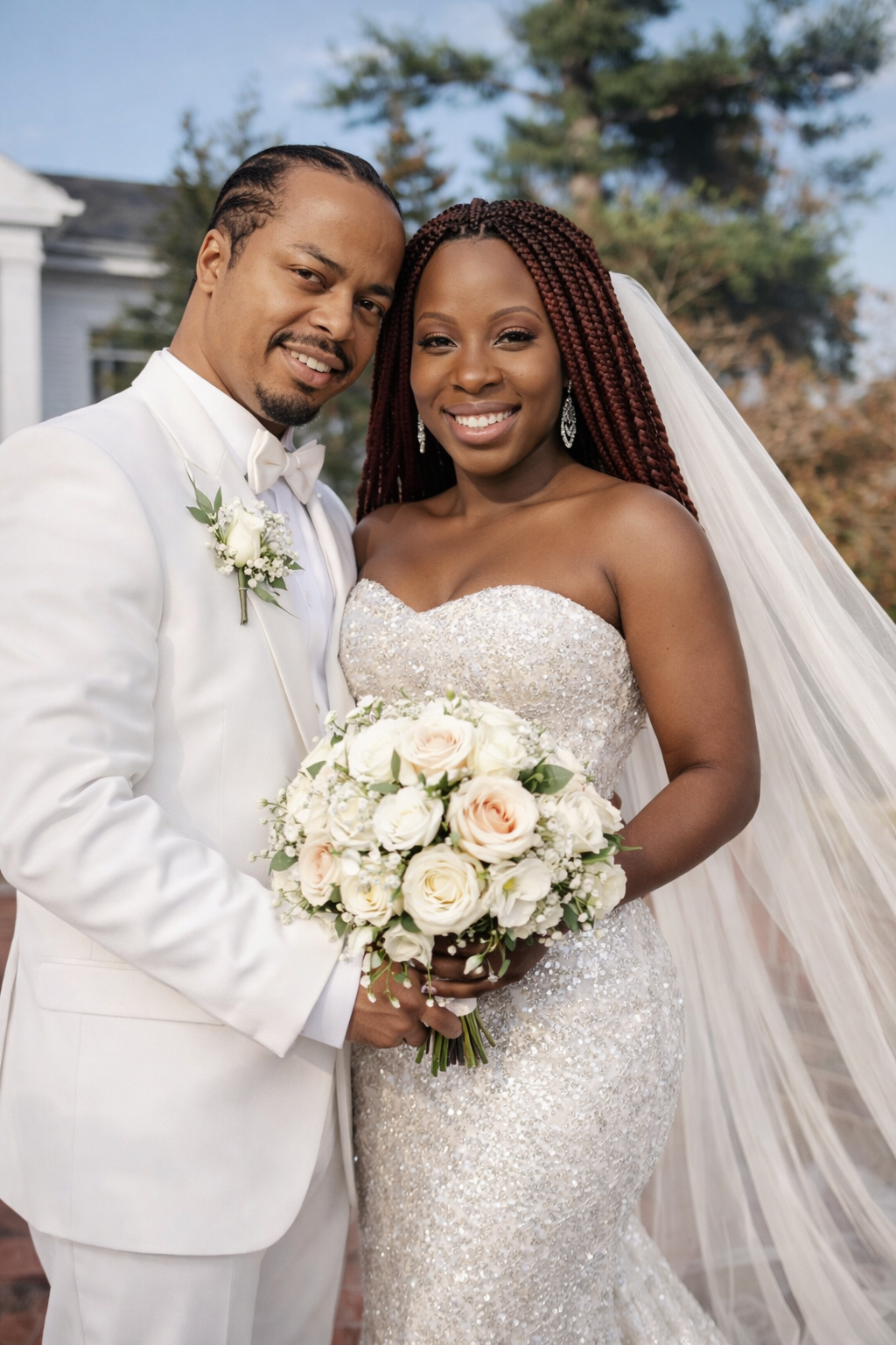A newlywed couple dressed in wedding attire standing outside, smiling at the camera. The groom is in a white tuxedo with a bow tie and a small bouquet pin, while the bride is in a strapless, sequined wedding gown holding a bouquet of white and blush roses. The bride has long, braided hair and is wearing elegant earrings, with a veil flowing behind her. Trees and a house are visible in the background.