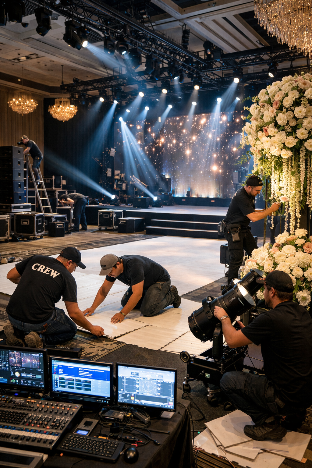 Event crew setting up stage with lighting and a large floral arrangement in a ballroom with chandeliers.
