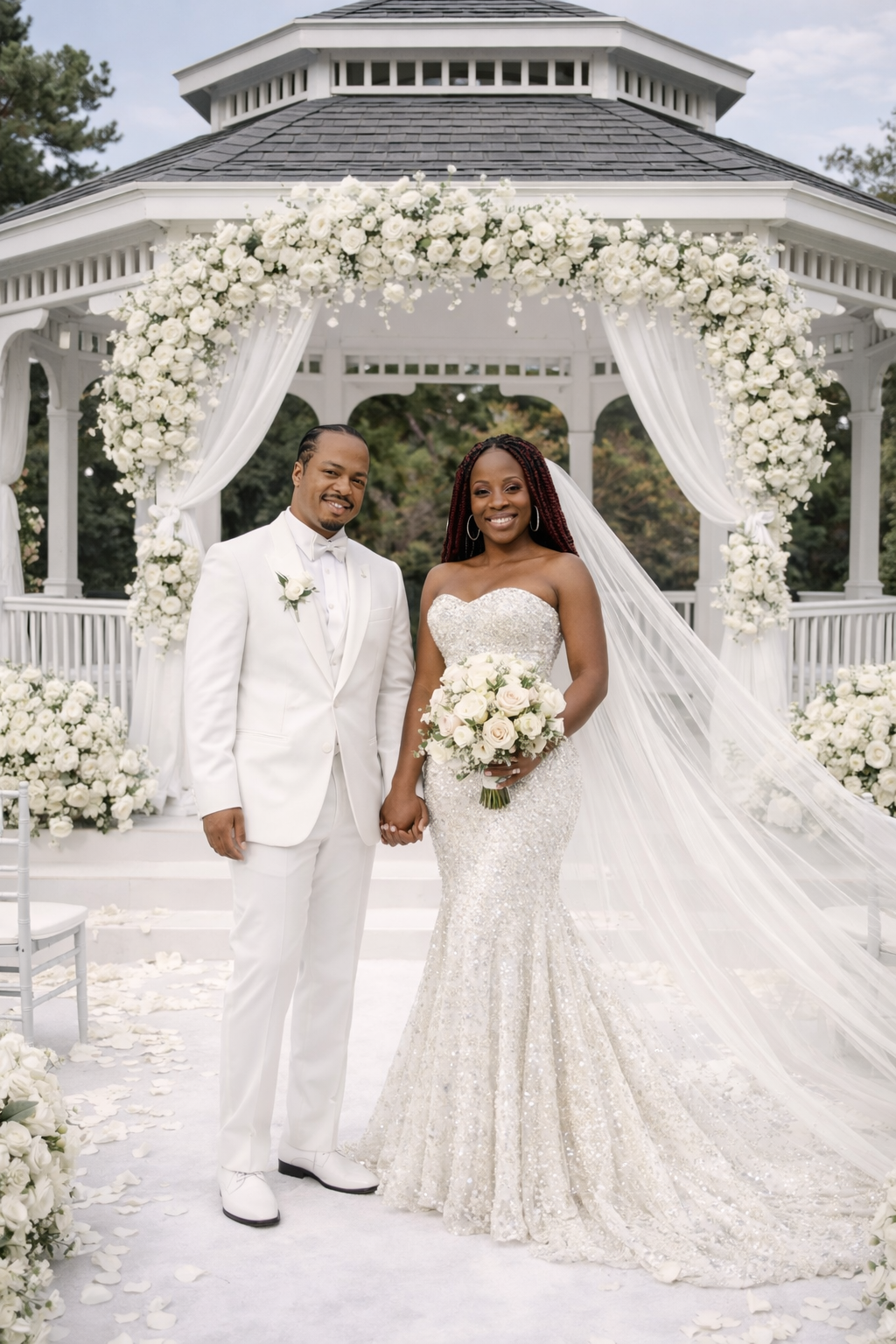 Elegant bride and groom standing beneath a white floral wedding arch with cascading rosed, draped fabric, and a classic gazebo ceremony backdrop designed by beneath a white floral wedding arch with cascading roses,