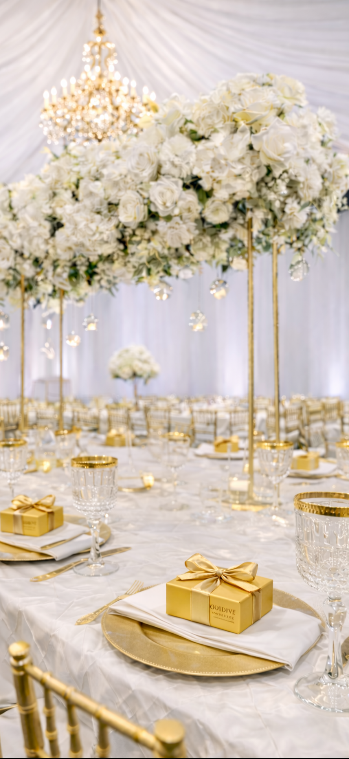 Elegant wedding reception setup with large floral centerpiece of white roses and hydrangeas, tall gold stands, crystal glassware, gold-rimmed plates, gold cutlery, white napkins, and gold gift boxes with ribbons, all under a sparkling chandelier.