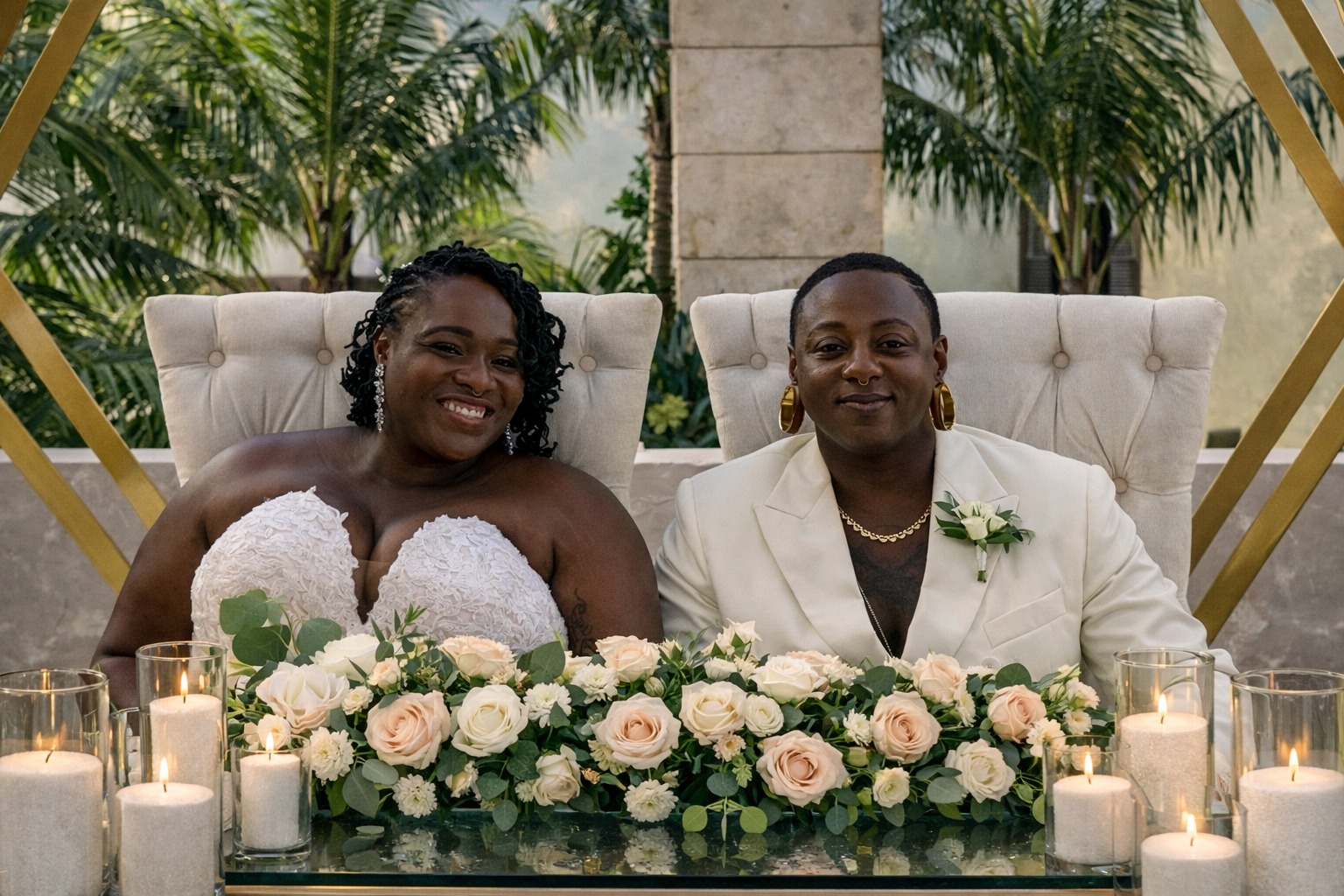 A newlywed couple sitting at a wedding table decorated with candles and roses, smiling happily, with a lush, green outdoor backdrop.