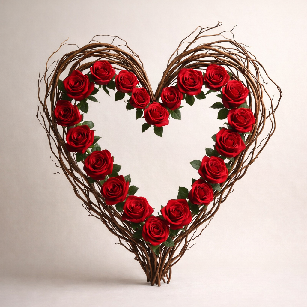A heart-shaped arrangement made of intertwined brown twigs, decorated with red roses and green leaves inside and around the outline.
