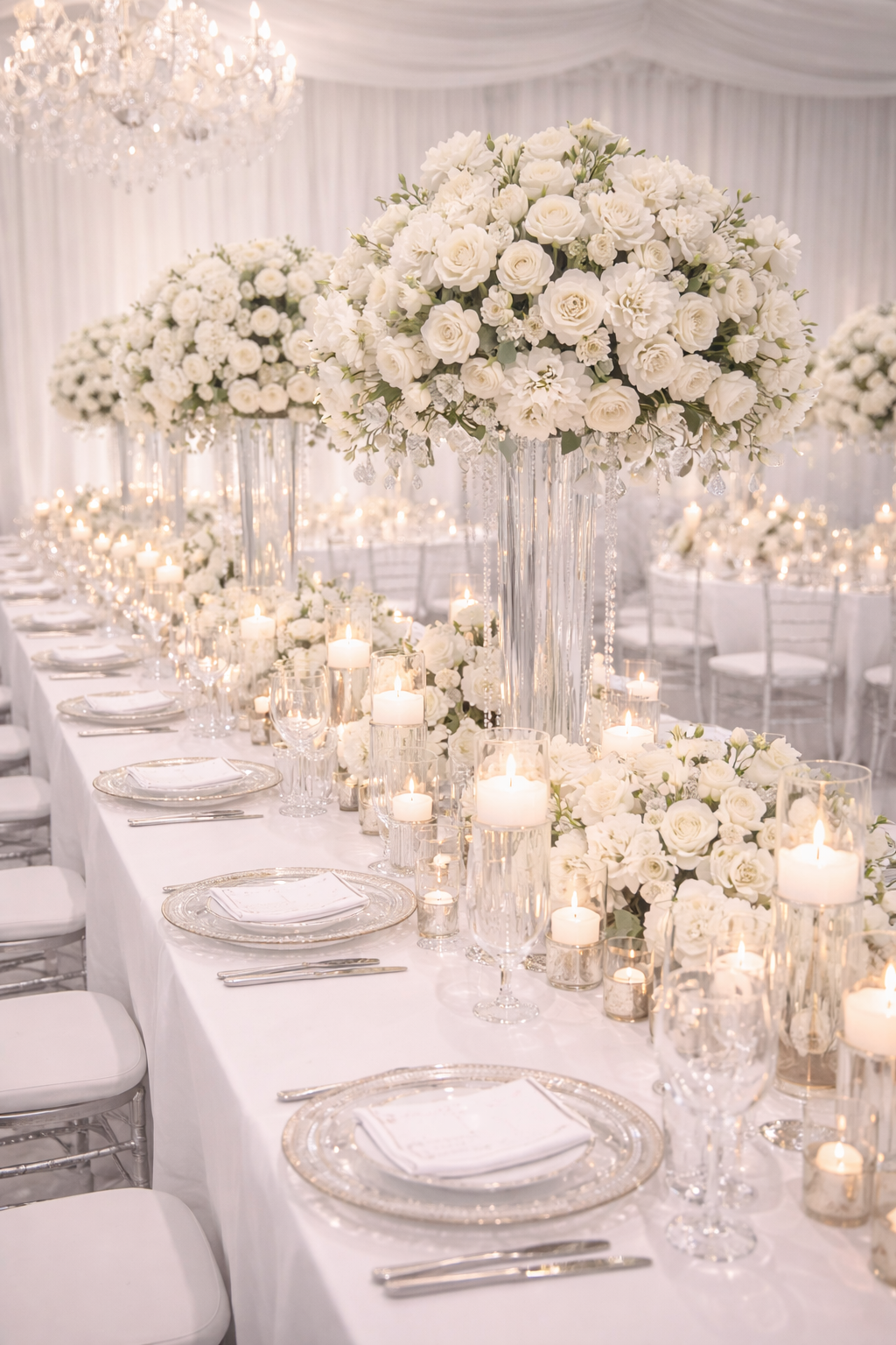 An elegant luxury wedding tablescape showcasing tall white rose centerpieces arranged on crystal stands, layered candlelight, soft white draping, and sparkling crystal chandeliers. Refined place settings, clear acrylic seating,