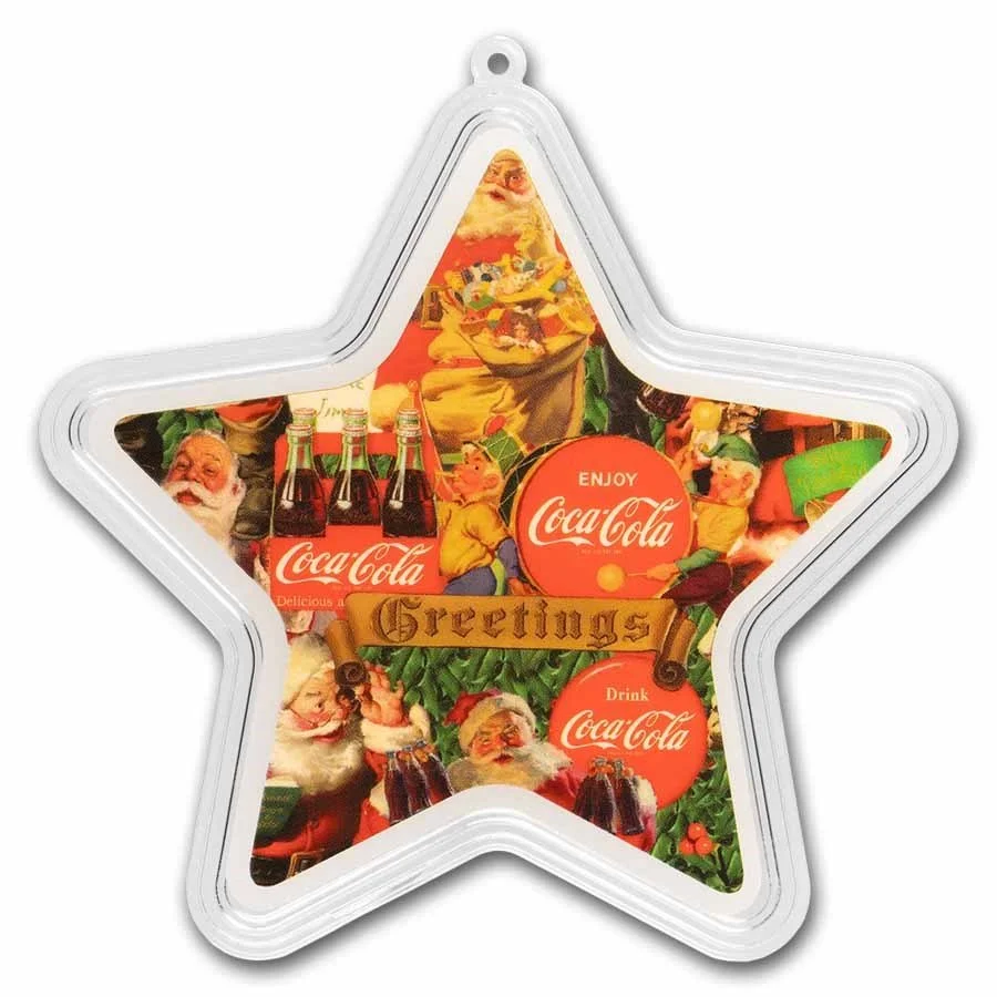 Star-shaped decorative item with vintage Christmas-themed images including Santa Claus, Coca-Cola bottles, and holiday greetings.