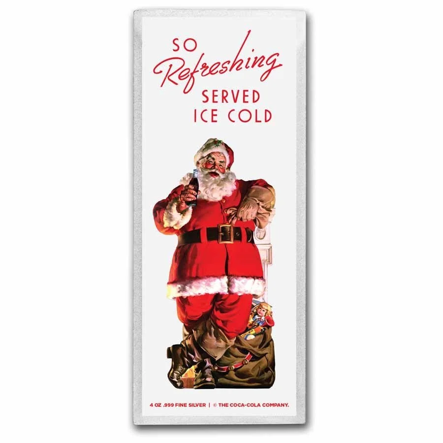 Vintage Coca-Cola advertisement featuring Santa Claus holding a bottle of Coke, standing next to a small elf sitting on a bag of presents.