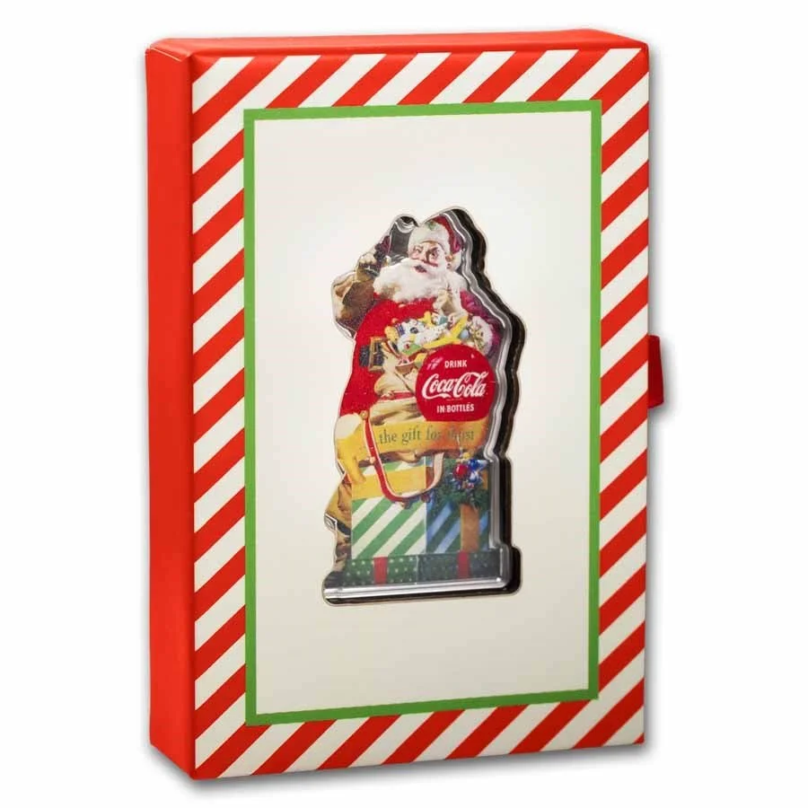 Christmas-themed Coca-Cola doormat in a festive red, white, and green box with a Santa Claus image.