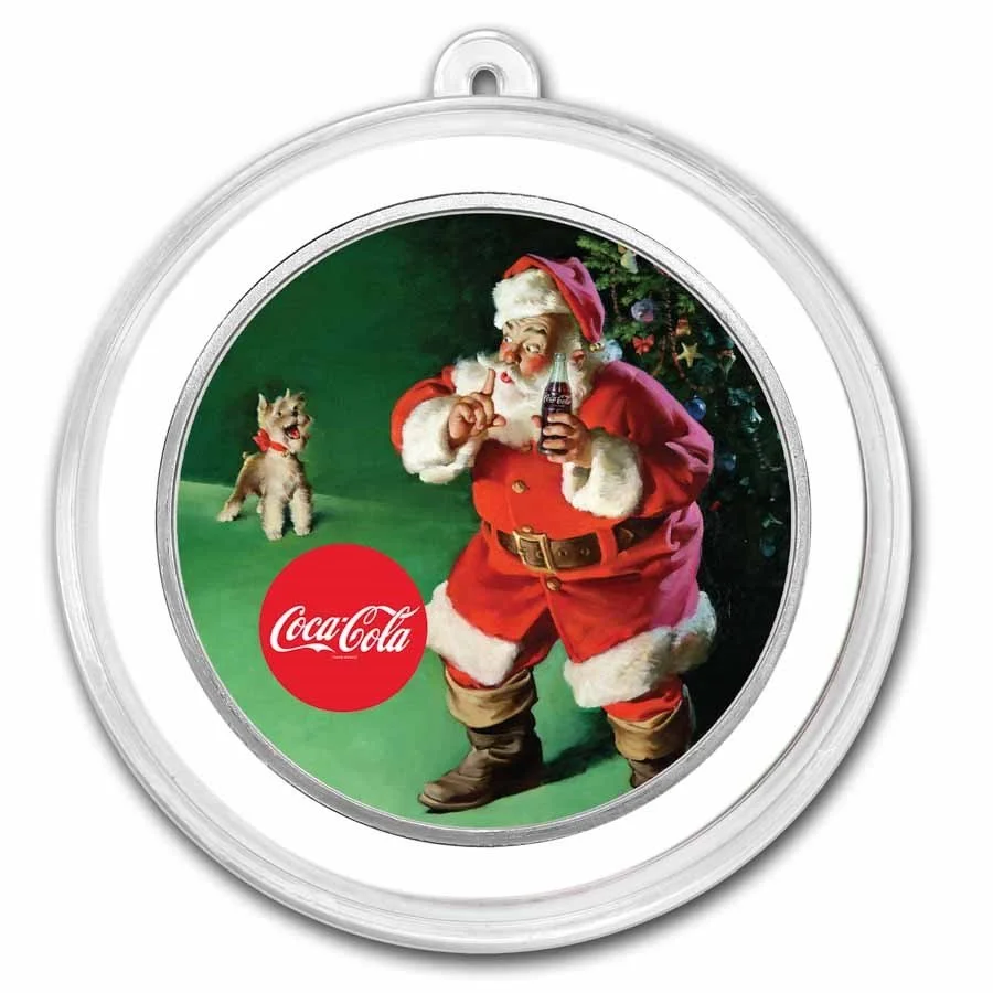A vintage Coca-Cola holiday advertisement featuring Santa Claus holding a Coke bottle, with a small dog wearing a red bow, and a decorated Christmas tree in the background.