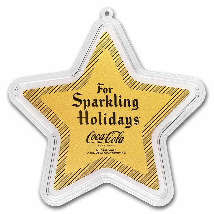 Star-shaped promotional sign with a yellow interior and black text that reads 'for Sparkling Holidays Coca-Cola'.