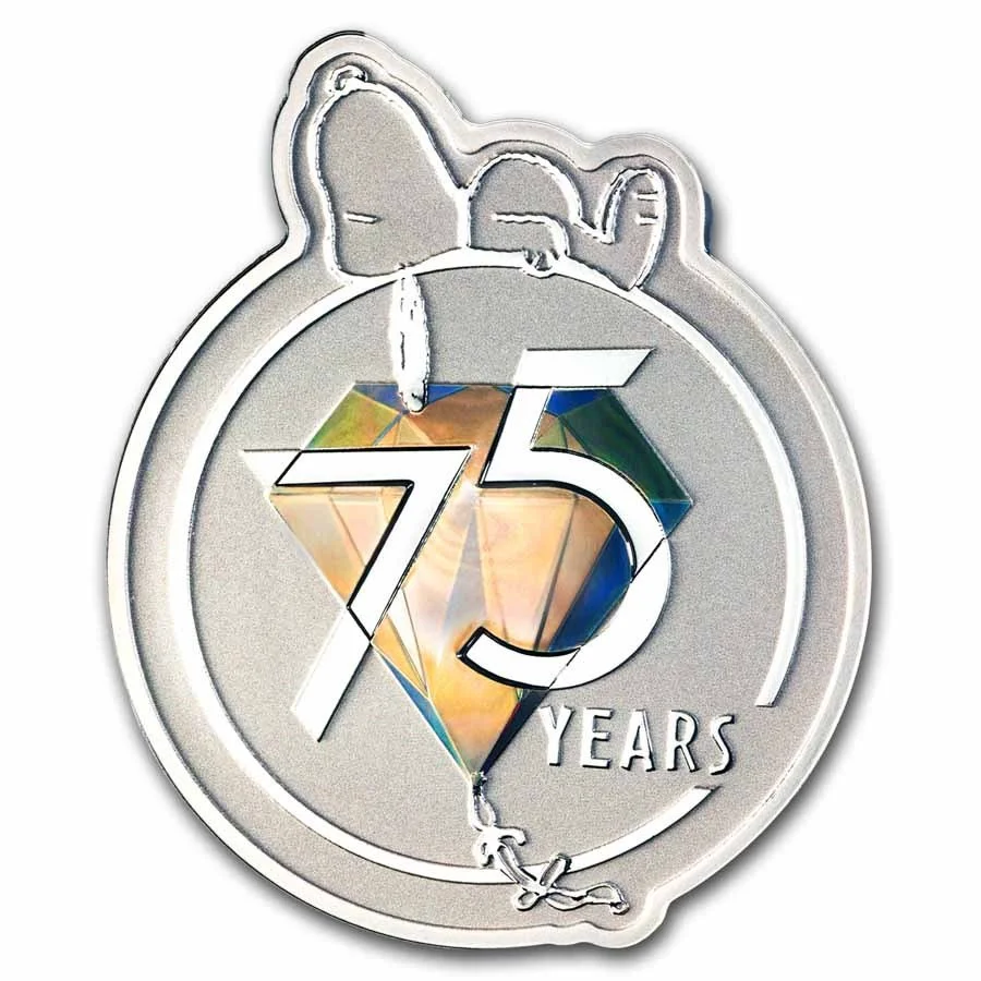 A commemorative badge celebrating 75 years, featuring a large diamond and the number 75 in stylized text, with a bow on top and a ribbon at the bottom reading "YEARS."