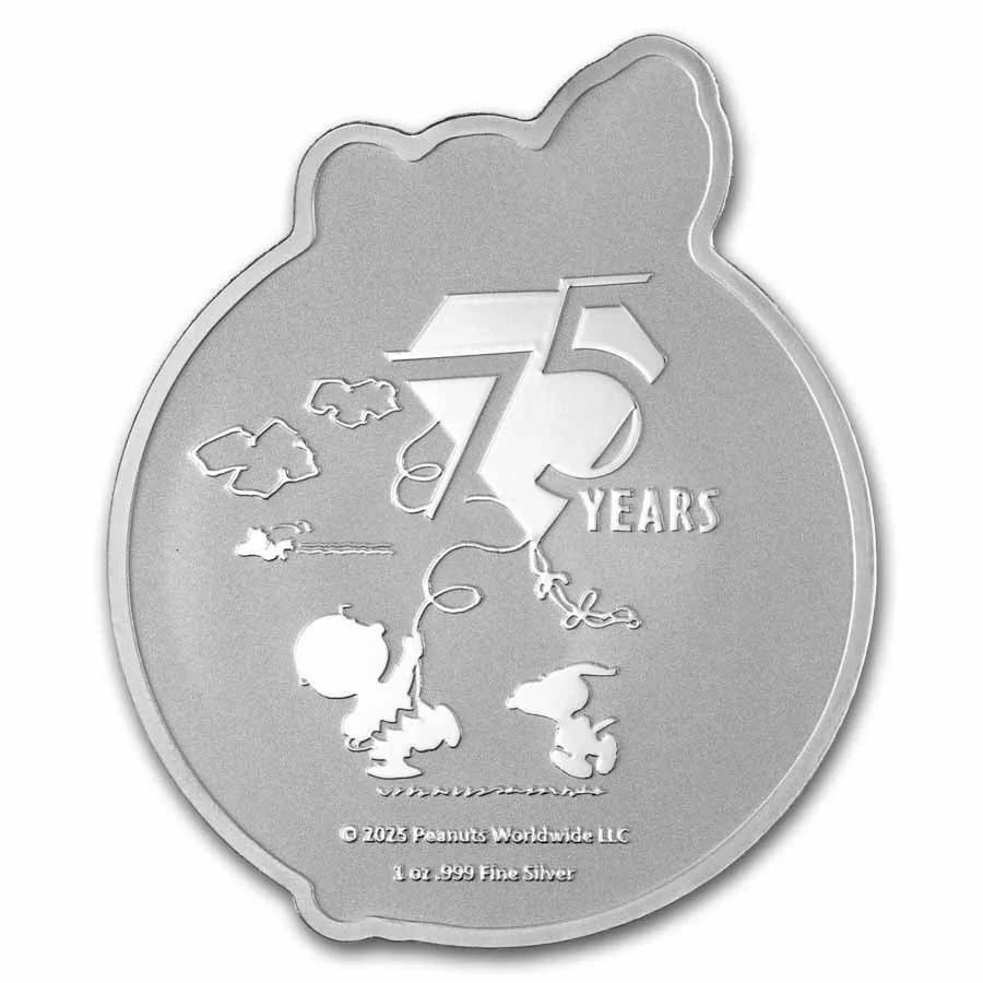 Silver coin celebrating 75 years of Peanuts, featuring characters and the Peanuts logo.