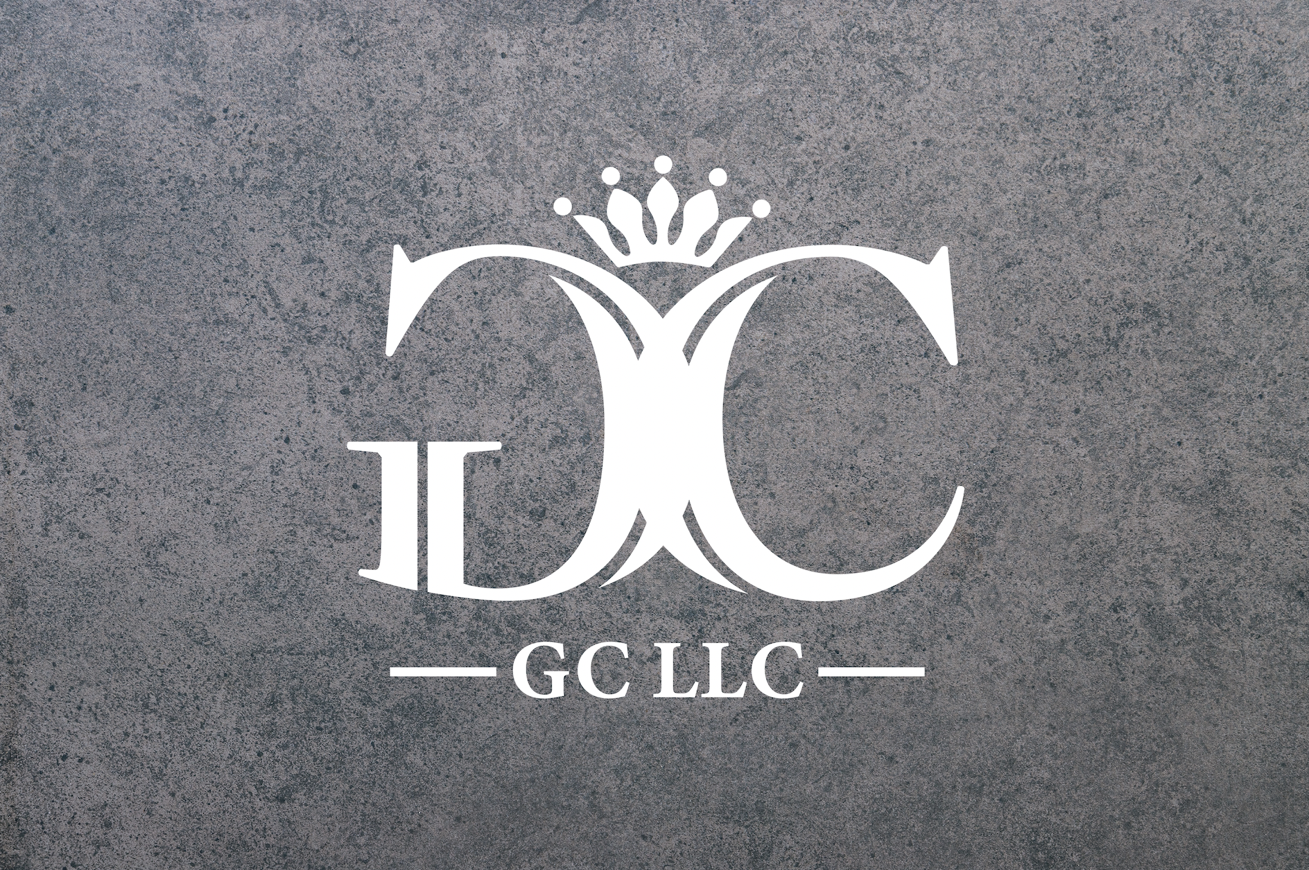 A gray textured background with a white logo featuring a crown above the letters 'D' and 'C' intertwined, and 'GCLLC' written below, enclosed by two horizontal lines.