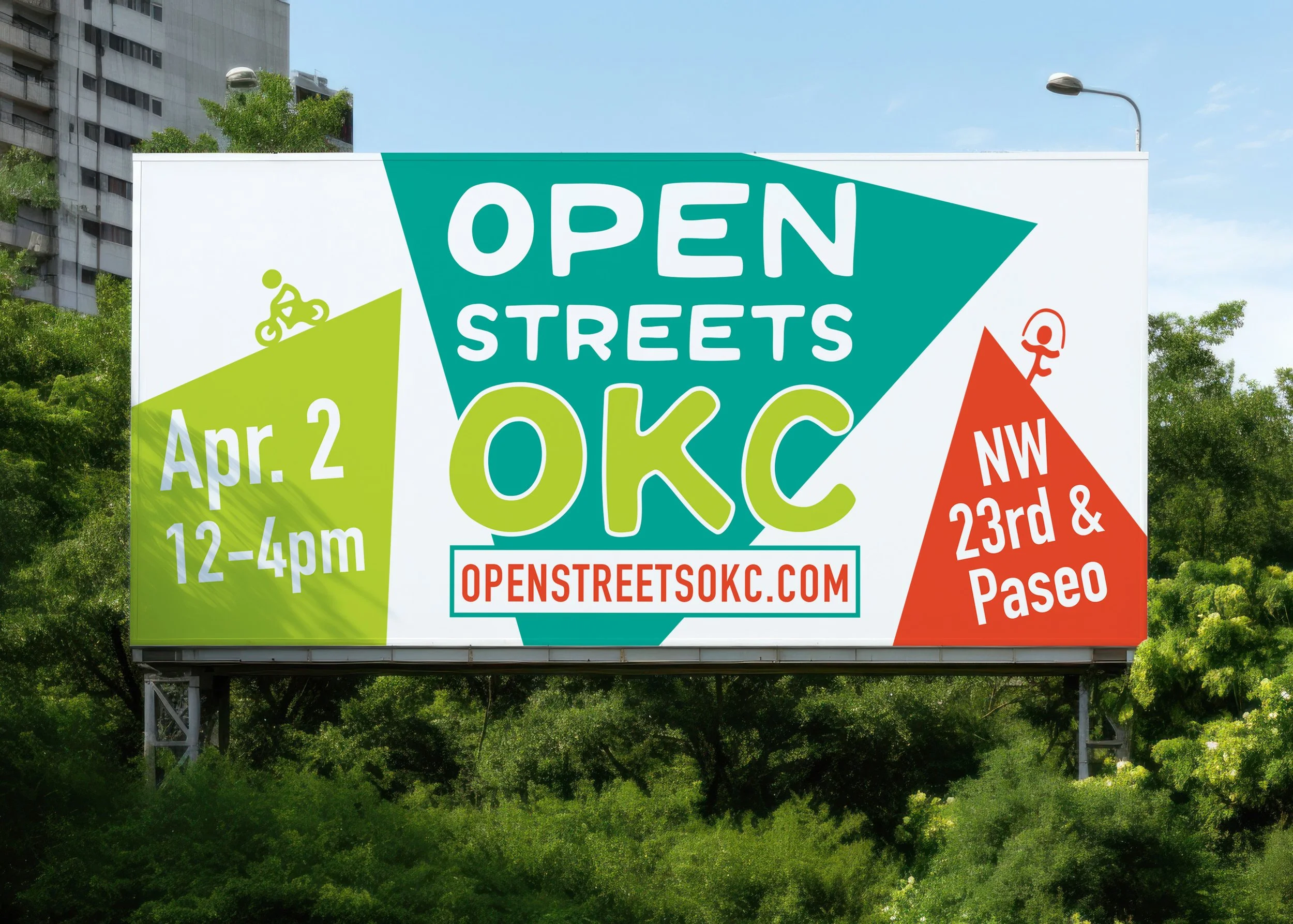 Billboard advertising the Open Streets OKC event on April 2nd from 12 to 4 pm at NW 23rd and Paseo, with colorful geometric shapes and illustrations of a cyclist and a person walking.
