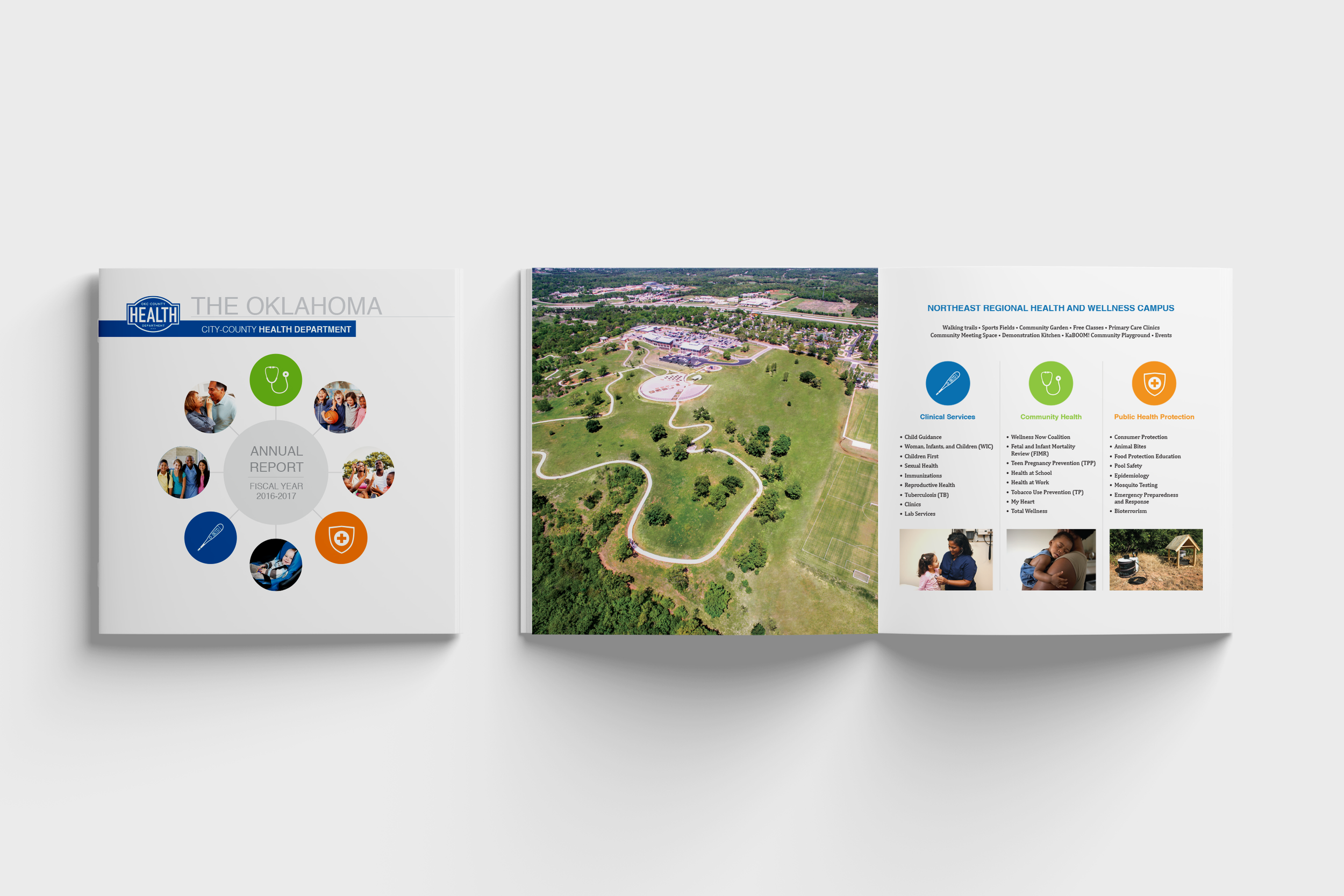 Open booklet pages showing a aerial view of a park or campus with walking trails and green space, and text about health and wellness programs and services.