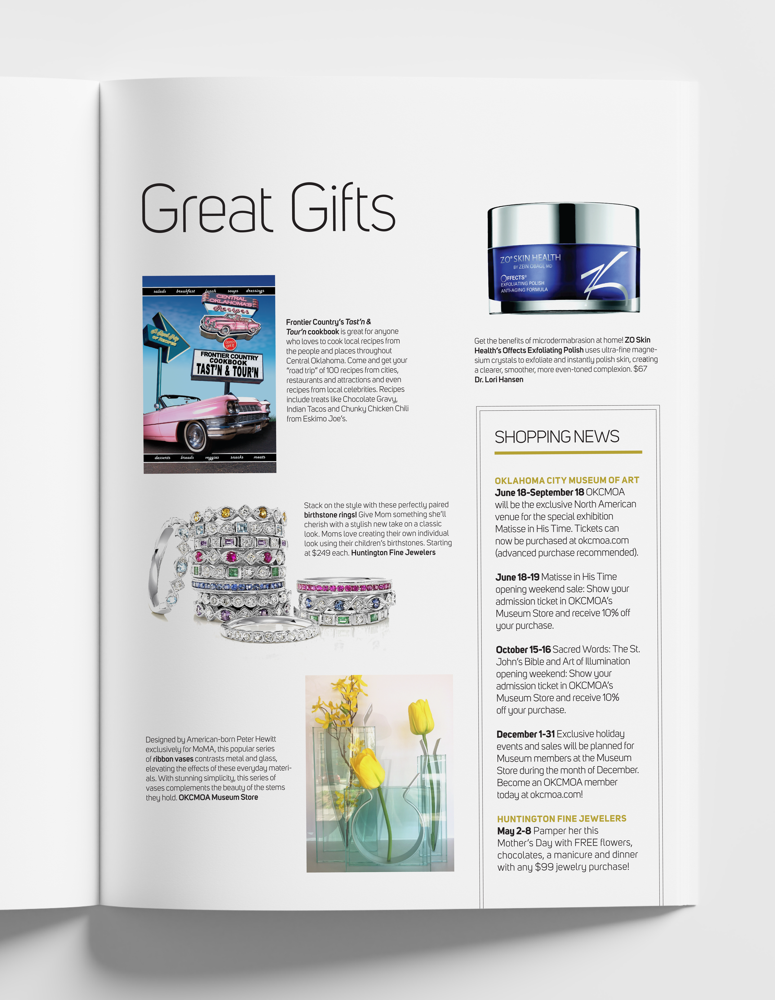 A magazine page titled 'Great Gifts' showcasing various gift ideas, including a cookbook, jewelry, a vase with flowers, and a jar of exfoliating polish, with descriptions and event news on the side.