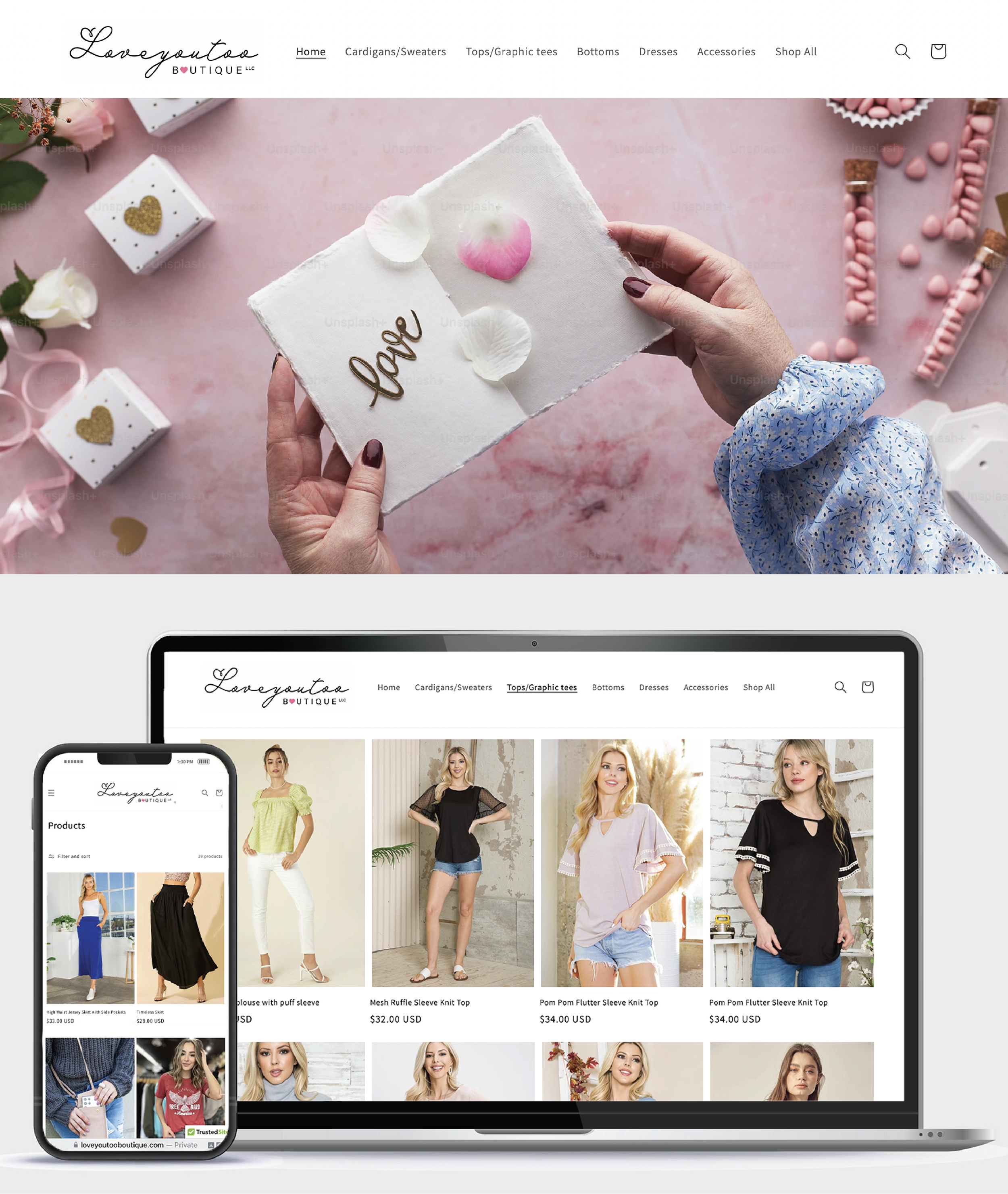 Six gift boxes with gold hearts and pink ribbons, a white flower, and a card with "love" written on it, on a pink table.