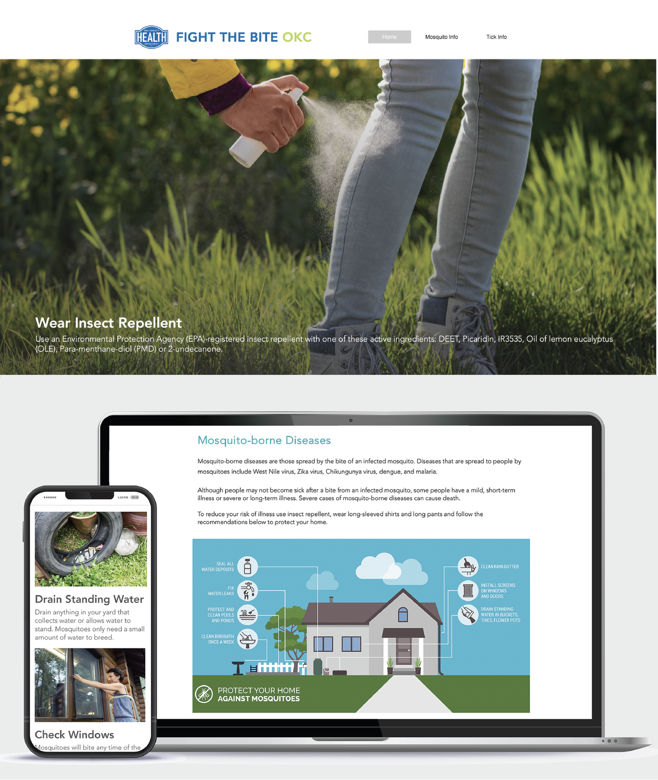 Webpage displaying information about mosquito-borne diseases and tips for mosquito prevention, including wearing insect repellent, checking windows, and drain standing water, with images of a person applying insect repellent outdoors, a garden, and a