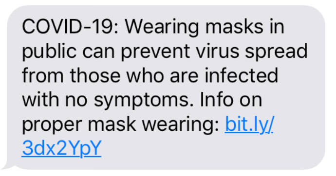 Screenshot of a message explaining that wearing masks in public can prevent the spread of COVID-19 from infected people with no symptoms, including a link for more information.