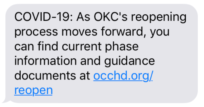 Text message about COVID-19 reopening process with a URL to occhd.org/reopen