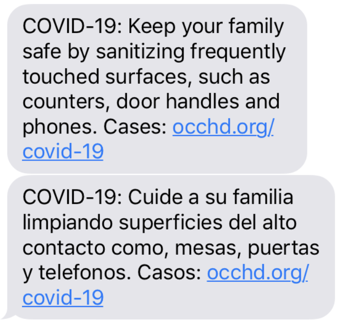 Text-based COVID-19 safety instructions in English and Spanish about disinfecting frequently touched surfaces and links to occhd.org.