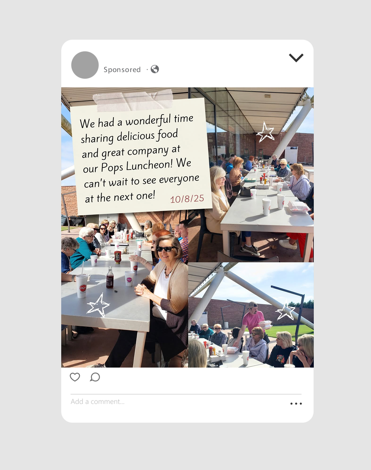 People sitting at long tables outdoors at a luncheon event, with food and drinks, under a modern canopy structure, during daytime.