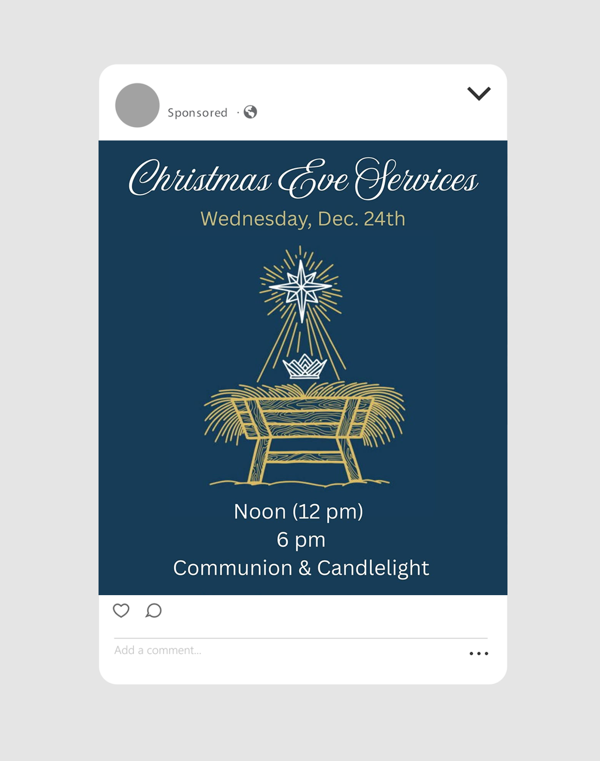 Christmas Eve church service flyer featuring a gold nativity scene with a star and manger on a dark blue background with white and gold text.