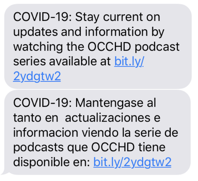Text message highlighting COVID-19 updates and information via OCCHD podcasts, with links in English and Spanish.